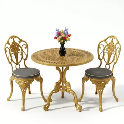 Yuvarlak alüminyum döküm masa gül motifli 2 kişilik ferforje masa seti gold altın