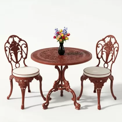 Yuvarlak alüminyum döküm masa gül motifli 2 kişilik ferforje masa seti kiremit