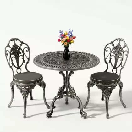 Yuvarlak alüminyum döküm masa gül motifli 2 kişilik ferforje masa seti silver gümüş