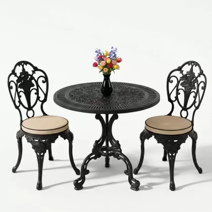 Yuvarlak alüminyum döküm masa gül motifli 2 kişilik ferforje masa seti siyah
