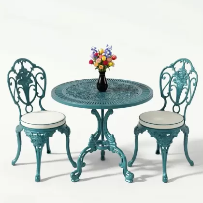 Yuvarlak alüminyum döküm masa gül motifli 2 kişilik ferforje masa seti turkuaz