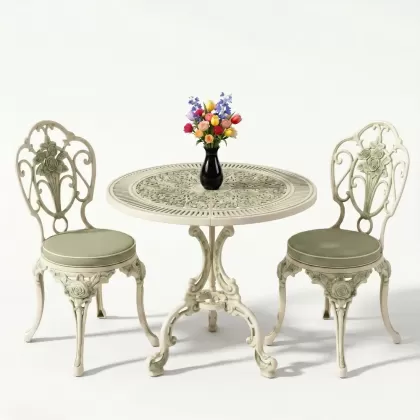 Yuvarlak alüminyum döküm masa gül motifli 2 kişilik ferforje masa seti yeşil beyaz patina