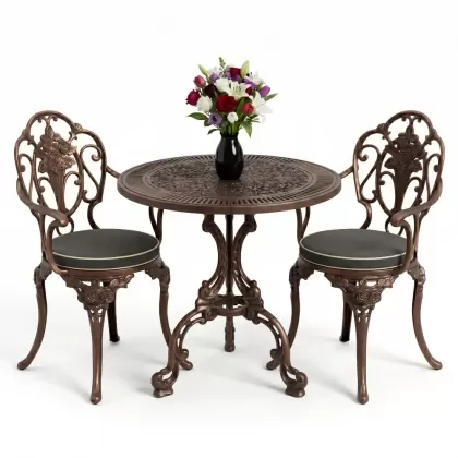 Yuvarlak ferforje döküm masa 2 kişilik sandalye seti bakır eskitme