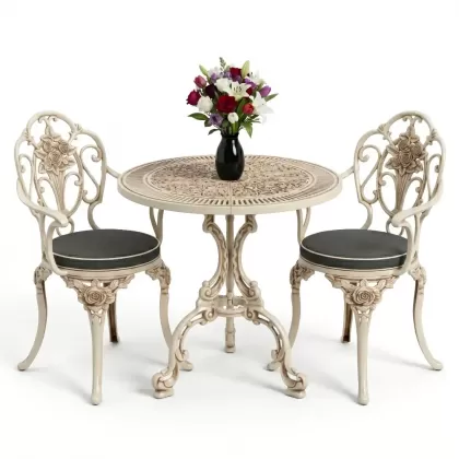 Yuvarlak ferforje döküm masa 2 kişilik sandalye seti beyaz eskitme