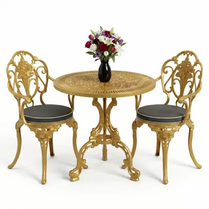 Yuvarlak ferforje döküm masa 2 kişilik sandalye seti gold altın