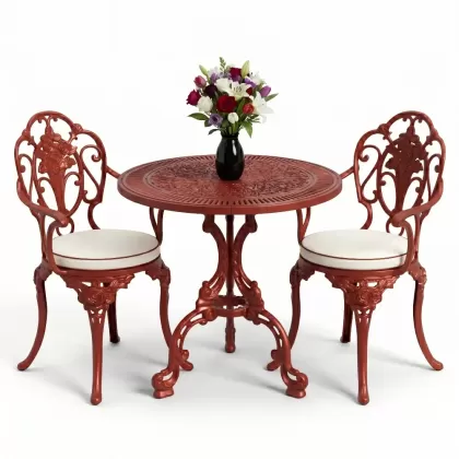 Yuvarlak ferforje döküm masa 2 kişilik sandalye seti kiremit kırmızı