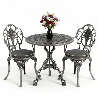 Yuvarlak ferforje döküm masa 2 kişilik sandalye seti silver gümüş