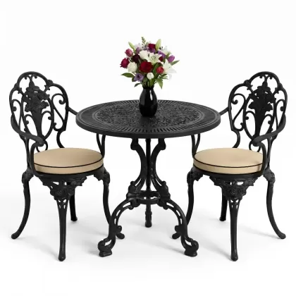 Yuvarlak ferforje döküm masa 2 kişilik sandalye seti siyah