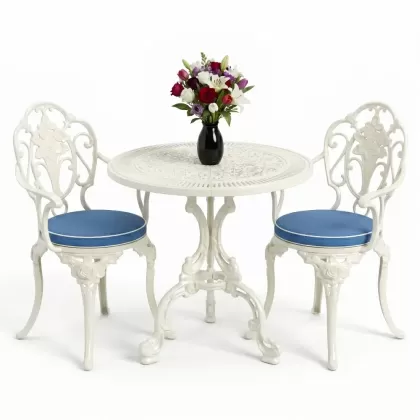 Yuvarlak ferforje döküm masa 2 kişilik sandalye seti beyaz