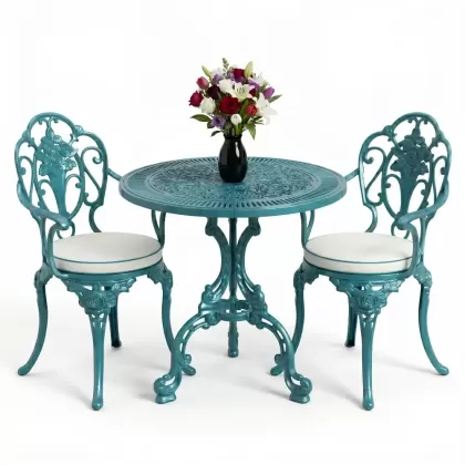 Yuvarlak ferforje döküm masa 2 kişilik sandalye seti turkuaz