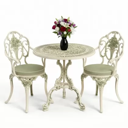 Yuvarlak ferforje döküm masa 2 kişilik sandalye seti yeşil beyaz patina