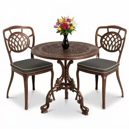 Ay motifli 2 kişilik alümünyum döküm ferforje masa seti bakır eskitme