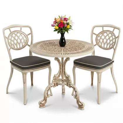 Ay motifli 2 kişilik alümünyum döküm ferforje masa seti beyaz eskitme