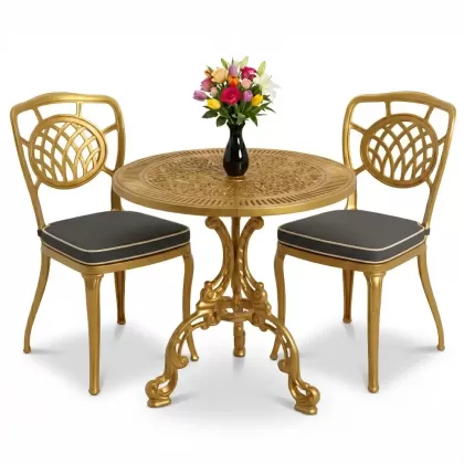 Ay motifli 2 kişilik alümünyum döküm ferforje masa seti gold altın