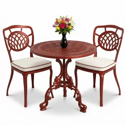 Ay motifli 2 kişilik alümünyum döküm ferforje masa seti kiretit kırmızı