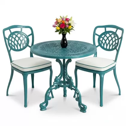 Ay motifli 2 kişilik alümünyum döküm ferforje masa seti turkuaz