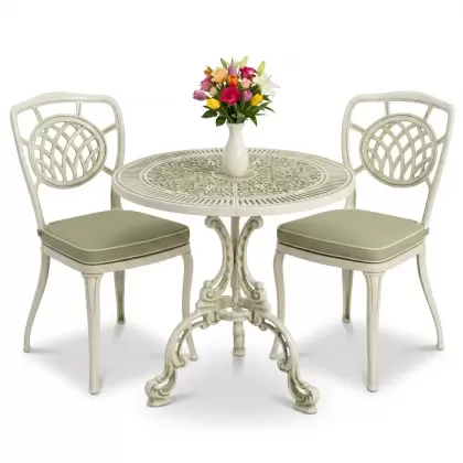 Ay motifli 2 kişilik alümünyum döküm ferforje masa seti yeşil beyaz patina