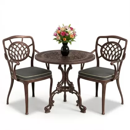 Ay motifli alüminyum döküm sandalye yuvarlak 2 kişilik masa seti bakır eskitme