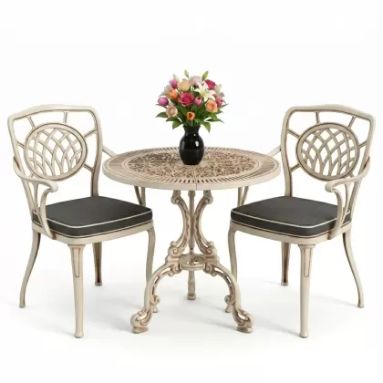 Ay motifli alüminyum döküm sandalye yuvarlak 2 kişilik masa seti beyaz eskitme