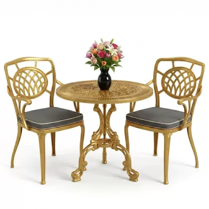 Ay motifli alüminyum döküm sandalye yuvarlak 2 kişilik masa seti gold altın