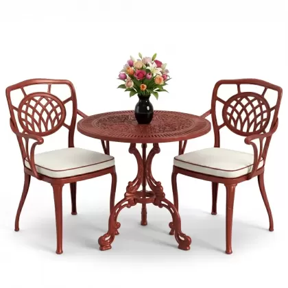 Ay motifli alüminyum döküm sandalye yuvarlak 2 kişilik masa seti kireti kırmızı