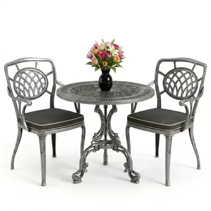 Ay motifli alüminyum döküm sandalye yuvarlak 2 kişilik masa seti silver gümüş