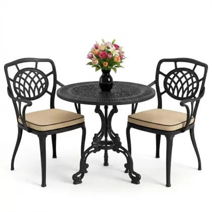 Ay motifli alüminyum döküm sandalye yuvarlak 2 kişilik masa seti siyah