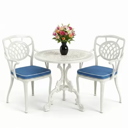 Ay motifli alüminyum döküm sandalye yuvarlak 2 kişilik masa seti beyaz
