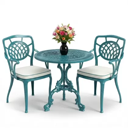 Ay motifli alüminyum döküm sandalye yuvarlak 2 kişilik masa seti turkuaz