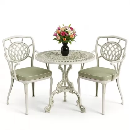 Ay motifli alüminyum döküm sandalye yuvarlak 2 kişilik masa seti yeşil beyaz patina