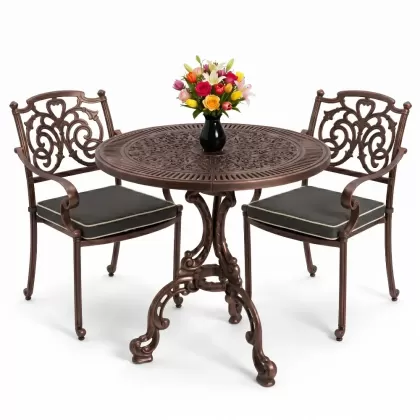 Kelebek motifli 2 sandalye yuvarlak ferforje döküm masa seti bakır eskitme