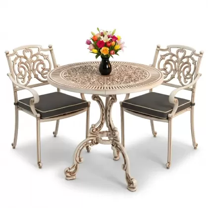 Kelebek motifli 2 sandalye yuvarlak ferforje döküm masa seti beyaz eskitme