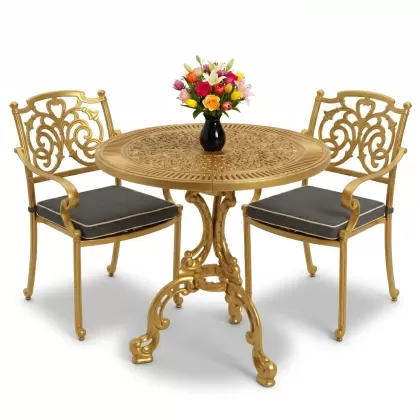 Kelebek motifli 2 sandalye yuvarlak ferforje döküm masa seti altın gold