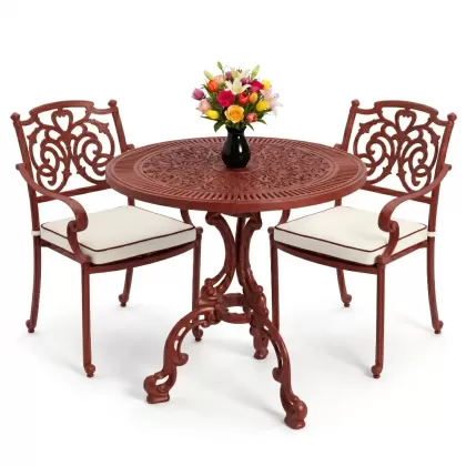 Kelebek motifli 2 sandalye yuvarlak ferforje döküm masa seti kiremit kırmızı