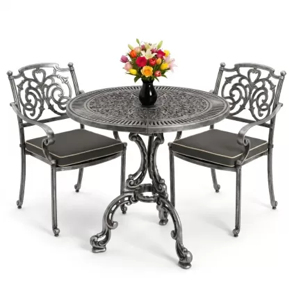 Kelebek motifli 2 sandalye yuvarlak ferforje döküm masa seti silver gümüş