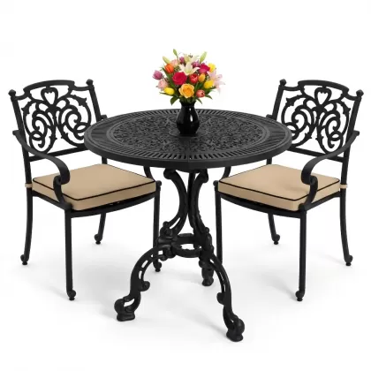 Kelebek motifli 2 sandalye yuvarlak ferforje döküm masa seti siyah
