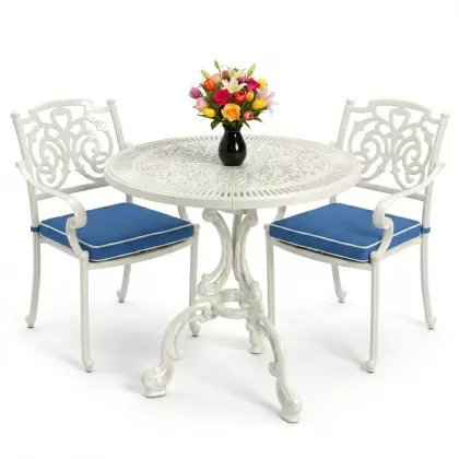 Kelebek motifli 2 sandalye yuvarlak ferforje döküm masa seti beyaz