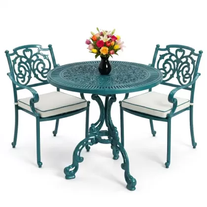 Kelebek motifli 2 sandalye yuvarlak ferforje döküm masa seti turkuaz