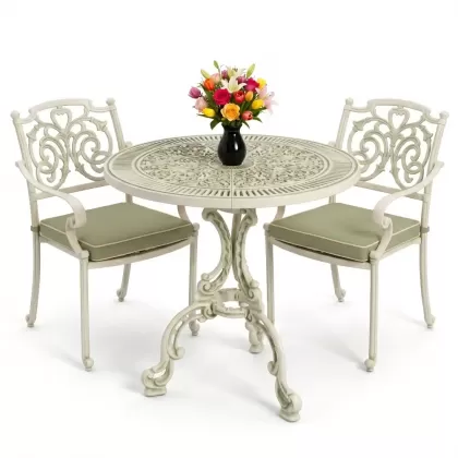 Kelebek motifli 2 sandalye yuvarlak ferforje döküm masa seti yeşil beyaz patina