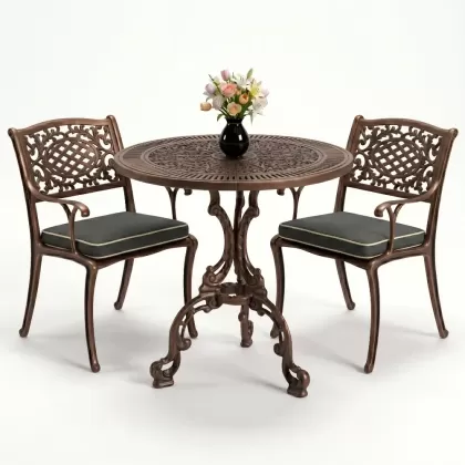 Güneş motifli alüminyum döküm sandalye ferforje masa 2 kişilik set bakır eskitme