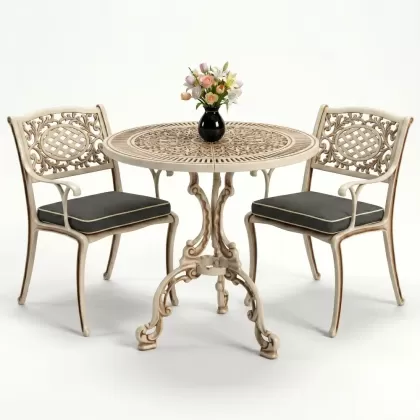 Güneş motifli alüminyum döküm sandalye ferforje masa 2 kişilik set beyaz eskitme