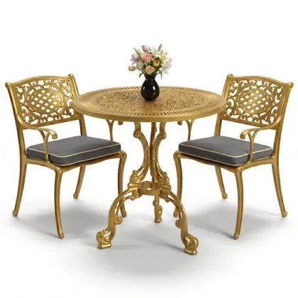 Güneş motifli alüminyum döküm sandalye ferforje masa 2 kişilik set gold altın