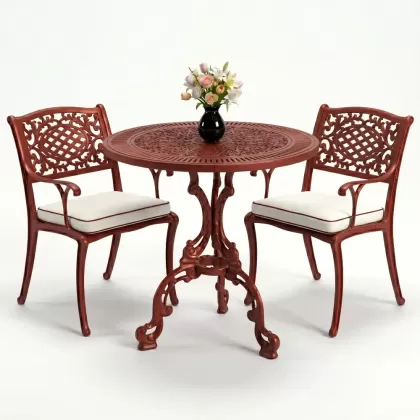 Güneş motifli alüminyum döküm sandalye ferforje masa 2 kişilik set kiremit kırmızı