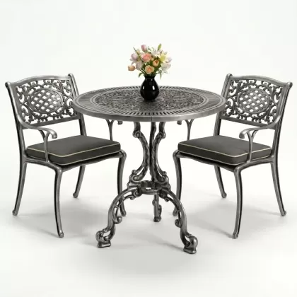 Güneş motifli alüminyum döküm sandalye ferforje masa 2 kişilik set silver gümüş