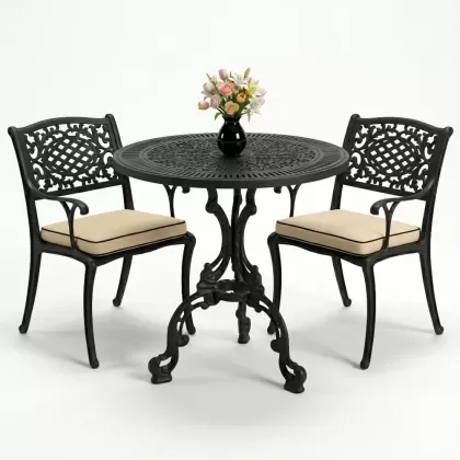 Güneş motifli alüminyum döküm sandalye ferforje masa 2 kişilik set siyah