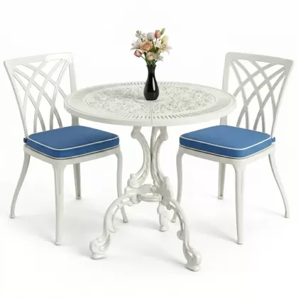 Güneş motifli alüminyum döküm sandalye ferforje masa 2 kişilik set beyaz