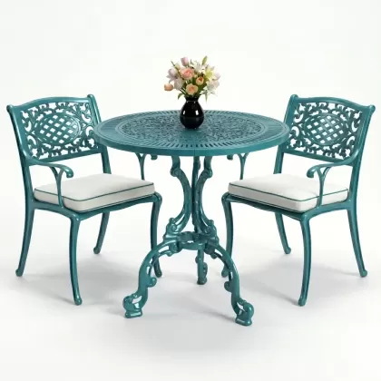 Güneş motifli alüminyum döküm sandalye ferforje masa 2 kişilik set turkuaz