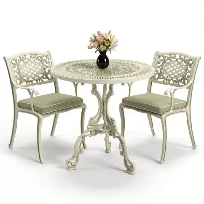Güneş motifli alüminyum döküm sandalye ferforje masa 2 kişilik set beyaz yeşil patina