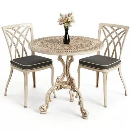 Modern ferforje döküm 2 kişilik masa sandalye akımı beyaz eskitme