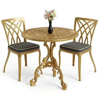 Modern ferforje döküm 2 kişilik masa sandalye akımı gold altın